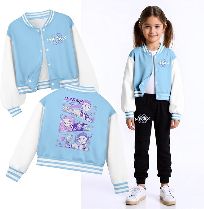 K PopGirls Kpop Tracksuit Cute Cartoon Print Baseball Coats Fashion Long Sleeve Jackets and Pants Christmas Costume Set