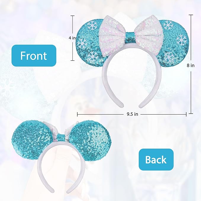 ETLUK Mouse Ears Headband, ICY Blue Snowflake Sequin Ear Headband with Bow，Princess Mouse Ears for Women Girls, Cosplay Accessories Party Decorations(Blue)