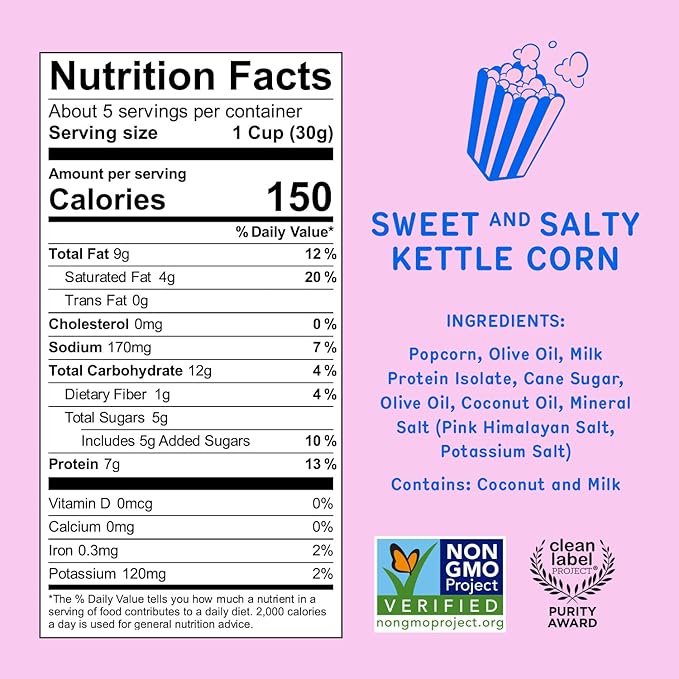 Khloud Protein Popcorn - Sweet & Salty Kettle Corn - 7g Protein Snacks for Adults & Kids - Flavored Popcorn Made with Real Ingredients & Milk Protein Isolate - Non-GMO, Gluten-Free, Kosher - 5oz, 12pk