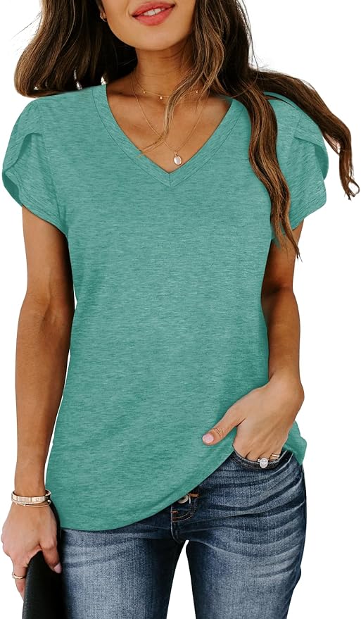 WIHOLL Womens Tops V Neck Summer Petal Sleeve Casual Tshirts