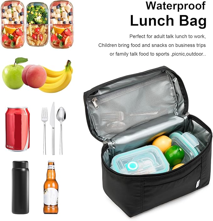 NOL Natural Organic Lifestyle Reusable Lunch Bags for Adults Lightweight Waterproof Lunch Box with Removable Adjustable Strap Insulated Leakproof Cooler Lunch Bag for Work Black Medium Size