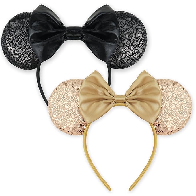 LIHELEI Mouse Ears Headband for Women, Black Minnie Headbands for Halloween Costume, Sequin Bows Headwear Hair Accessories -2pcs Rose Gold+Black