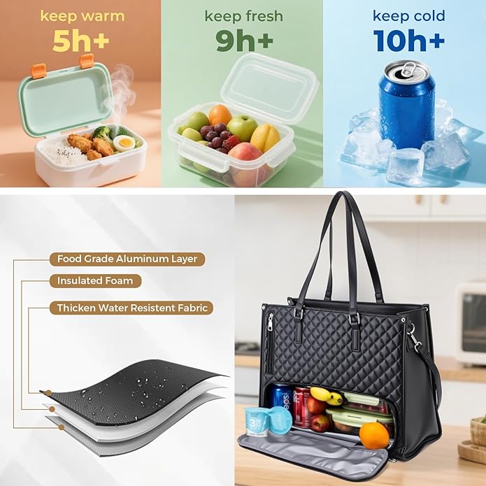 Lunch Work Tote Bags for Women, 15.6 Inch Laptop Bag with Insulated lunch Compartment, 2 in 1 Tote Bag Lunch Bag Combo with Small Purse and Shoulder Strap for Work, University, Office, Picnic (Black)