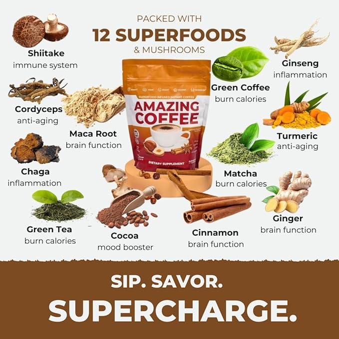 Superfoods Company | Amazing Coffee - Instant French Roast | Adaptogenic Mushrooms, Superfoods infused - Energy, Focus, Digestion, Immunity - 60 Servings - Cocoa Flavor