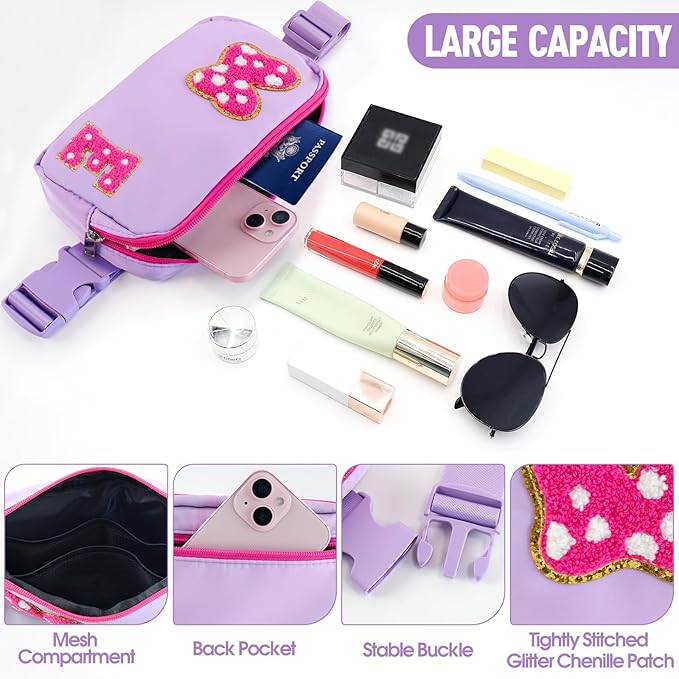 Chenille Initial Letter Bow Mouse Fanny Pack, Waterproof Park Crossbody Bag Christmas Birthday Gifts for Teen Girls Daughter Women Kids Adults, Cute Belt Bag Must Haves for Park Travel (E, Purple)