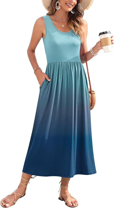 WNEEDU Women's Summer Maxi Dress 2026 Casual Sleeveless Hawaiian Sundress Tropical Long Dress Beach Vacation Outfit
