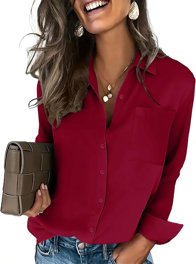 HOTOUCH Button Down Shirts for Women Long Sleeve Blouse Dressy Casual Business Work Tops with Pocket