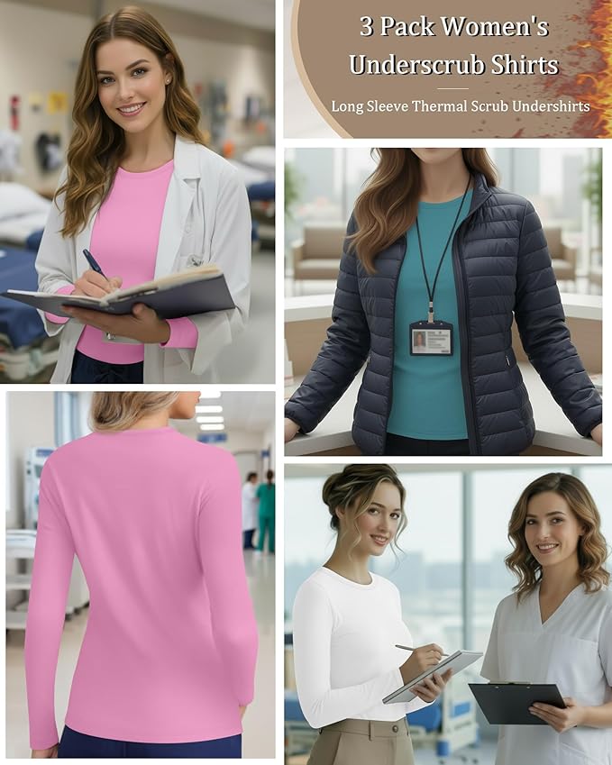 3 Pack Women's Underscrub Shirts Long Sleeve Thermal Scrub Undershirts Nurse Crew Neck Slim Fit Fleece Top Basic Tee