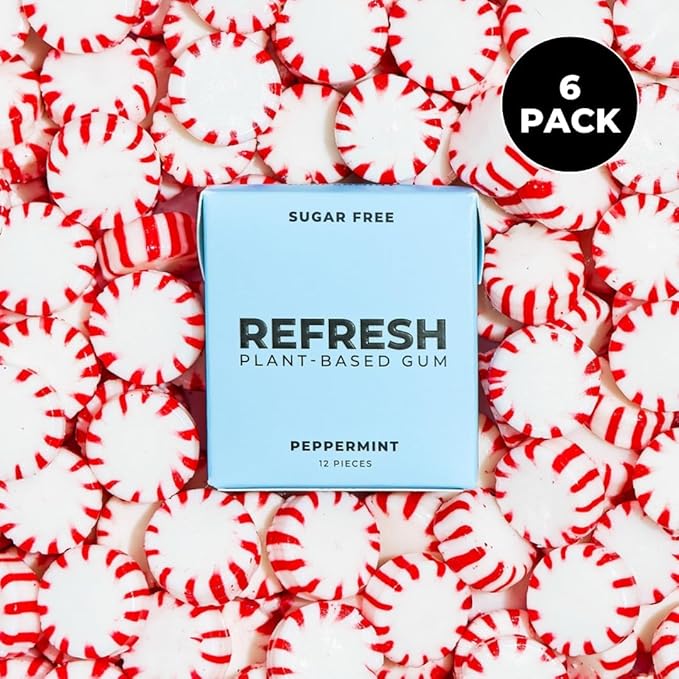 Refresh Gum, Sugar Free, Natural, Xylitol, Long Lasting Chewing Gum, Natural Flavors, Organic Ingredients, Plastic Free, Non GMO, Gluten Free, Vegan (12 Count (Pack of 12), Peppermint)