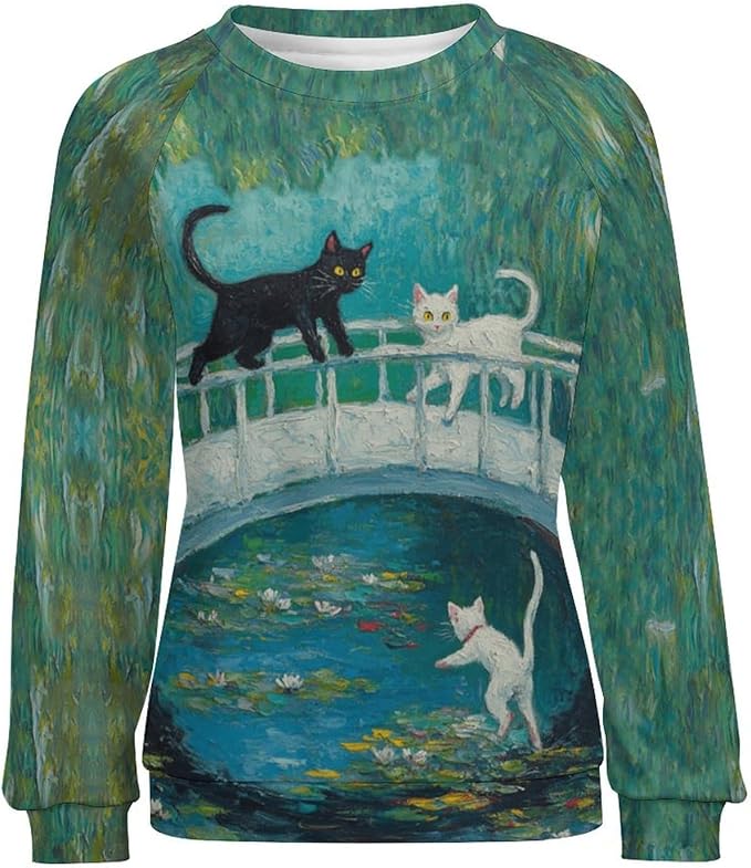 Spatofa Womens novelty funny cat printed crewneck sweatshirt casual loose long sleeve graphic pullover sweatshirts tops