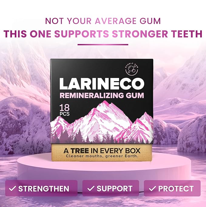 Larineco Remineralizing Gum with Nano Hydroxyapatite & Xylitol – Sugar-Free Cinnamon Xylitol Gum – Plastic-Free, Dye-Free, Aspartame-Free – Natural Base – 18 Pieces (18 Count (Pack of 2), Bubble Gum)