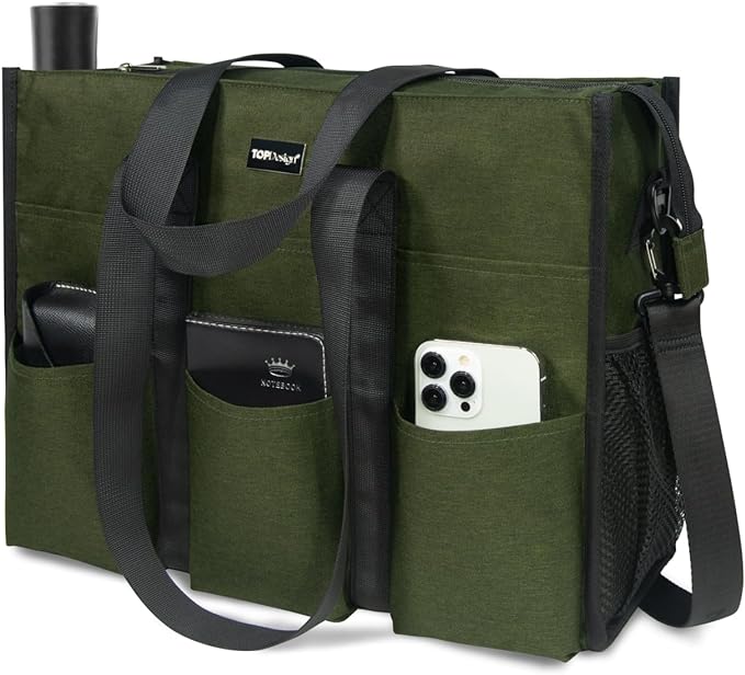 TOPDesign Utility Water Resistant Tote Bag with 22 Pockets, Top Zipper Closure & Thick Bottom Support, for Working Women