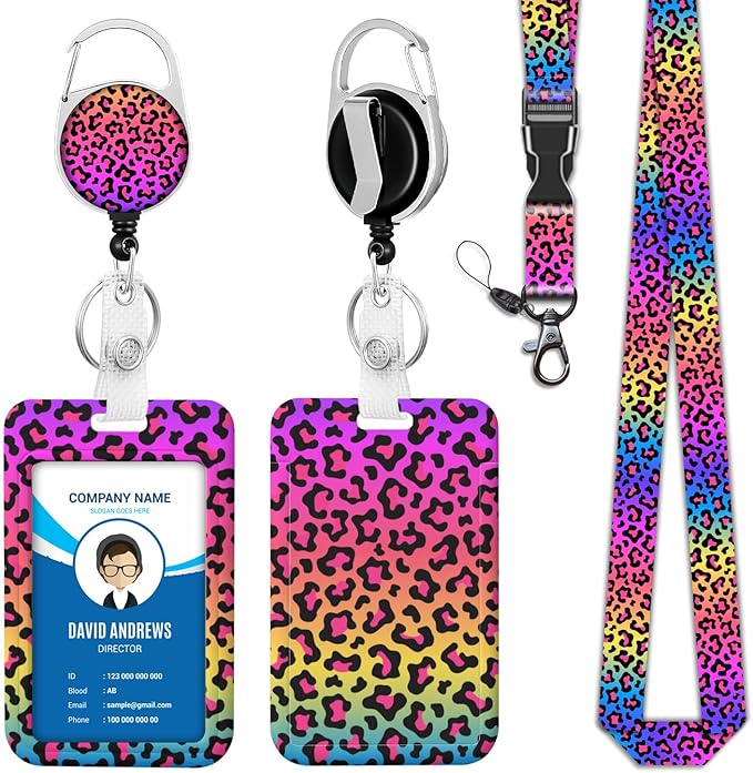 ID Badge Holder with Lanyard, Pink Leopard Print Lanyards for Id Badges, Retractable ID Badge Holder with Detachable Lanyard, Badge Reel Heavy Duty with Carabiner Clip, Nurse Teacher Office