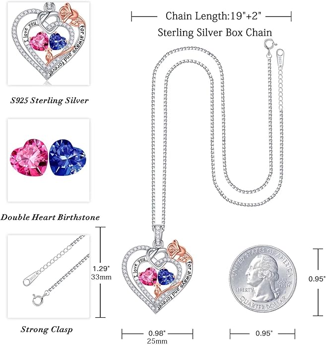 Iefil Valentines Day Gifts for Her - 925 Sterling Silver Double Birthstone Necklace, Anniversary Birthday Gifts for Women, Jewelry Gift for Wife Girlfriend Mom Her
