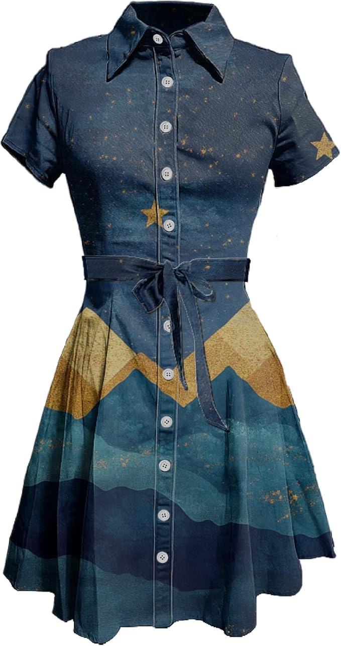 MARSVOVO Vintage Retro Shirt Dress for Women Short Sleeve Button Down Tie Waist Elegant Smocked Knee Length Dress