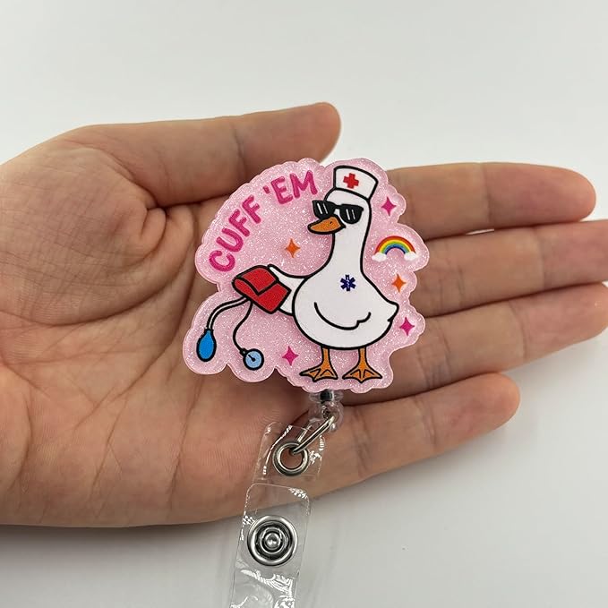 Pink Cuff 'Em Funny Goose Nurse Badge Reel, Cute Medical Retractable Badge Holder Clip, Name Tag Work Badge Buddy for RN LPN CNA MA Nursing Student Doctor Teacher, Nurse Gifts