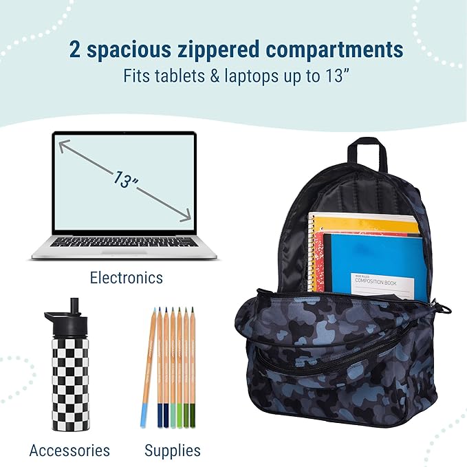 Wildkin 15-inch Kids Backpack – Durable, Padded, Adjustable for School & Travel - Black Camo