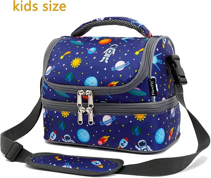FlowFly Kids Double Decker Cooler Insulated Lunch Bag Large Tote for Boys, Girls, Men, Women, With Adjustable Strap, Astronaut