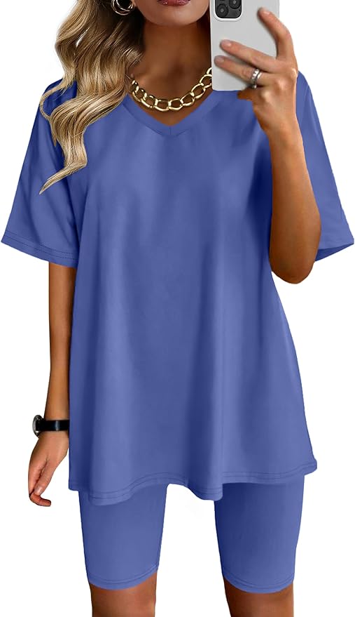 AGSEEM Two Piece Outfits For Women Summer V Neck T-Shirt Tops Biker Shorts Workout Sports Tracksuit