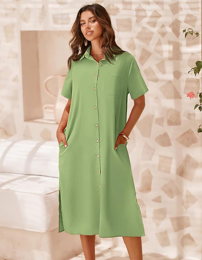 Zeagoo Women Dresses Summer Casual Short Sleeve Button Down Shirt Dresses 2025 Beach Cover Up with Pockets