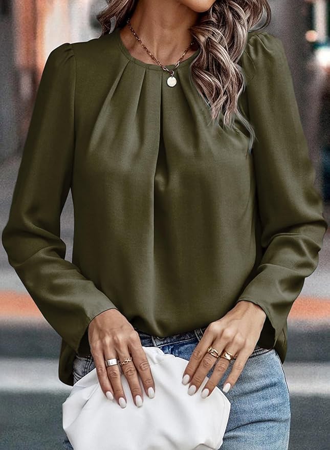 Samefar Womens Tops Dressy Casual Pleated Crew Neck Long Sleeve Shirts Office Work Chiffon Blouses