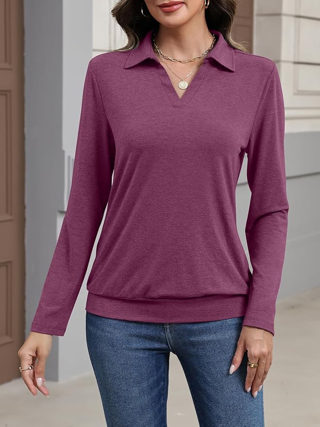 Womens Polo Shirts Long Sleeve Banded Bottom Tops Business Casual Tops Collared V Neck Blouses