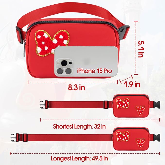 Chenille Initial Letter Bow Mouse Fanny Pack, Waterproof Park Crossbody Bag Christmas Birthday Gifts for Teen Girls Daughter Women Kids Adults, Cute Belt Bag Must Haves for Park Travel (V, Red)