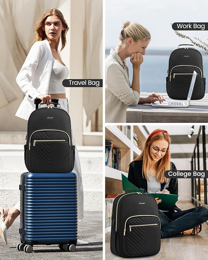 LOVEVOOK Laptop Backpack Purse for Women, Work Travel Computer Bags, College School Backpack for Student Girl, Quilted Casual Daypack with USB Port, Fit 15.6 Inch Laptop, Black