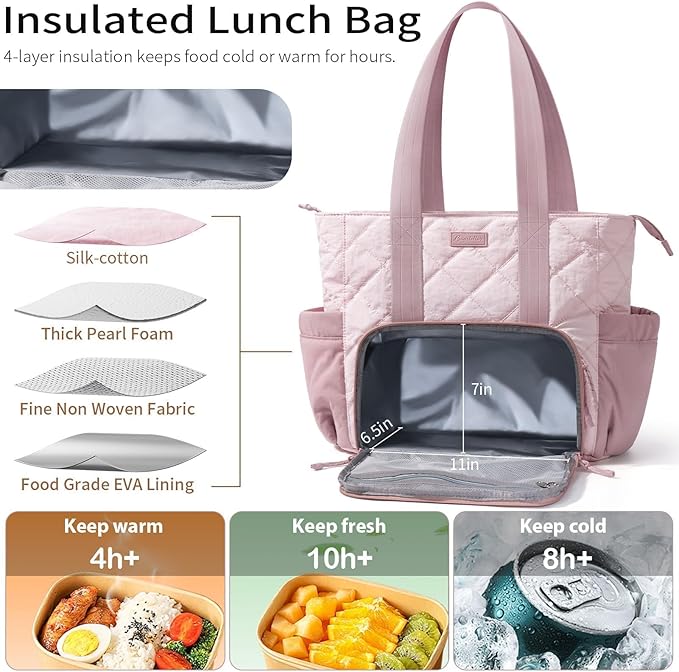 Puffer Lunch Tote Bag for Women, 15.6 Inch Laptop Work Bag with Insulated Lunch Compartment & Large Cup Holder, Lightweight Quilted Puffy Lunch Box Purse for Teacher Nurse Travel Office Daily School