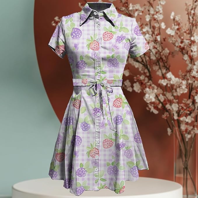 MARSVOVO Cute T Shirt Dress for Women Short Sleeve Button Up Tie Waist Elegant Casual Collared Smocked Midi Dress