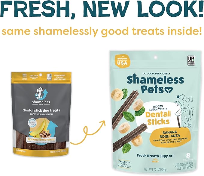 Shameless Pets Dental Treats for Dogs, Banana Bone-Anza - Healthy Dental Sticks with Hip & Joint Support for Teeth Cleaning & Fresh Breath - Chews Free from Grain, Corn & Soy