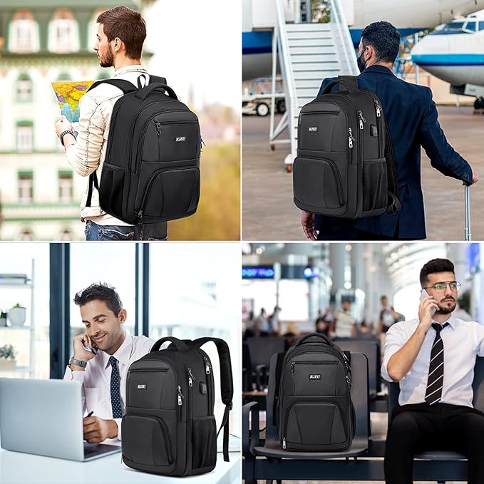 RJEU School Backpack for Teen Boys,15.6 Inch Anti Theft Laptop Bookbag with USB Charging Port, Water Resistant College, High School, Ergonomic Straps, Multiple Compartments, Men, Black