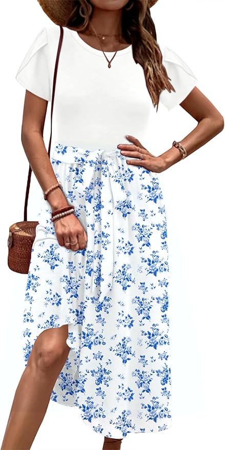 Zeagoo Womens Midi Dress Summer Short Sleeve Dress with Pockets 2025 Casual Floral T-Shirt Dress Flowy Beach Sundress