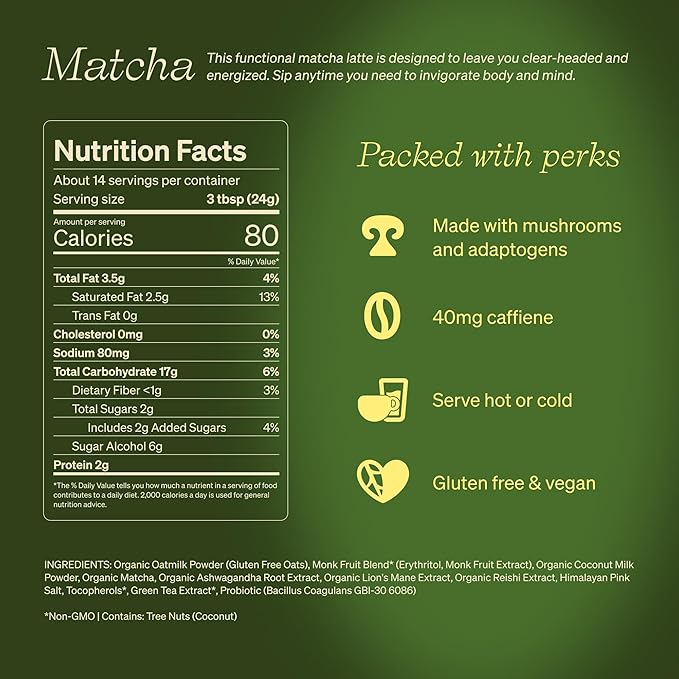Clevr Matcha SuperLatte, Instant Ceremonial Grade, Superfood Powder Blend with Oat Milk, Lions Mane, Reishi Mushroom, Coconut Cream, Ashwagandha, Serve Hot or Iced, (14 Lattes)
