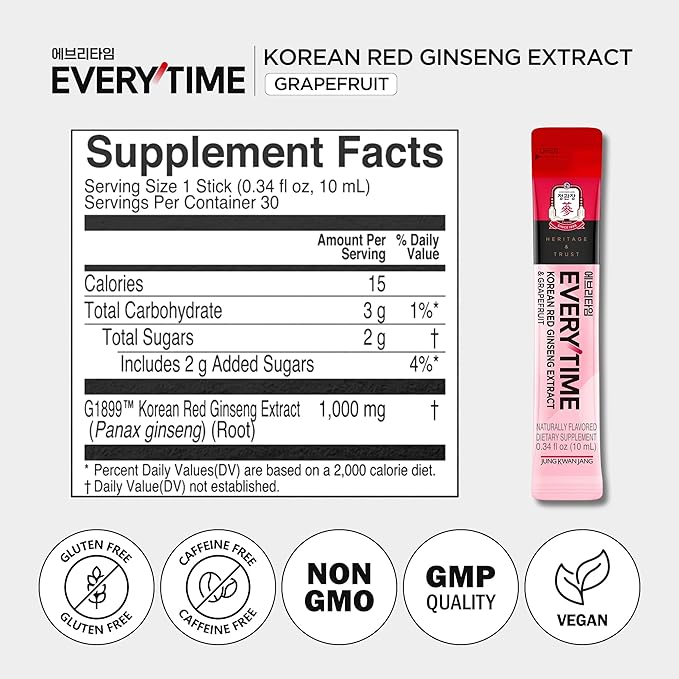 JUNG KWAN JANG Everytime Korean Red Ginseng Extract 1,000mg & Grapefruit - Vegan Energy Drink Liquid Stick Supplements - No Caffeine, No Gluten, Non-GMO 0.34 fl oz, 10EA (Pack of 6)
