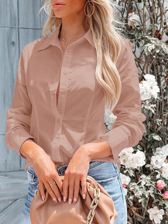 siliteelon Women's Button Down Shirts Long Sleeve Dress Shirts Wrinkle Free Collared Work Office Solid Blouses Corset Tops