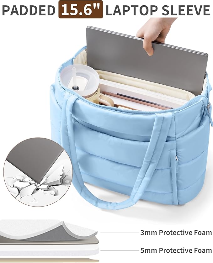 Puffer Tote Bag for Women, Lightweight Puffy Work Handbag Teacher Nurse Quilted Shoulder Bag for School Travel Gym | Quilted, with Zipper, Daily Carry On Bags, Comfy College Bags, 15.6" Laptop Sleeve, Cup Holder Pocket, Portable, Spacious