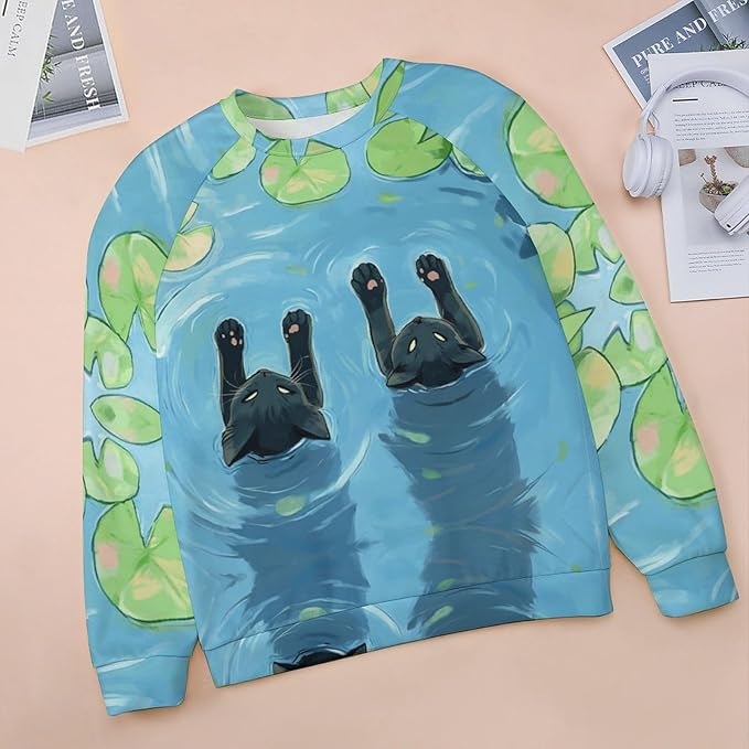 Spatofa Womens novelty funny cat printed crewneck sweatshirt casual loose long sleeve graphic pullover sweatshirts tops