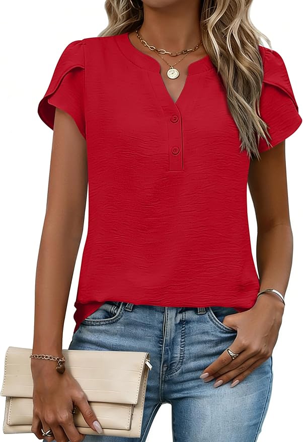 Zeagoo Womens Tops Dressy Casual Textured Blouses Cap Short Sleeve Shirts V Neck Button Up Summer Spring Work Tshirt Clothes