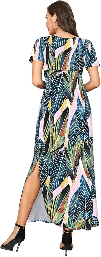 Arolina Women's Summer Maxi Dress Short Sleeve V Neck Casual Loose Long Beach Split Dresses with Pockets