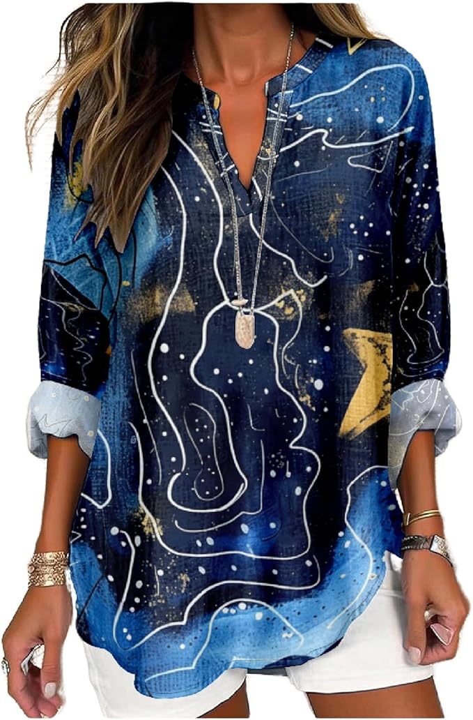 MARSVOVO V Neck Shirt For Women Boho Multi Style Blouse Long Sleeve Novelty Graphic Plus Size Pullover Tops For Women