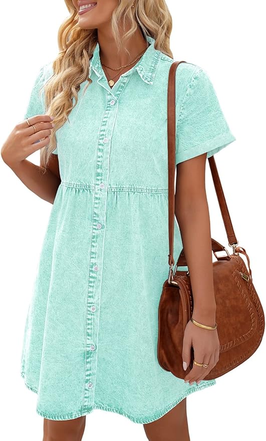 LookbookStore Women's Short Sleeve Button Down Flowy Tiered Babydoll Denim Dress