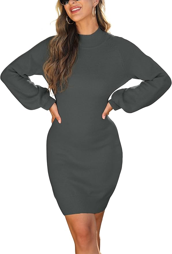 GRECERELLE 2026 Women's Mock Neck Ribbed Long Sleeve Bodycon Pullover Cute Mini Sweater Dress (XS-2XL)