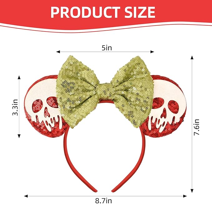 Seamoy Sequin Mouse Ears Headband,Halloween Mice Ears Hairband, Halloween Park ears Princess, Sparkle Ghost Mouse Ears Hair Accessory(Ponision Apple Red)