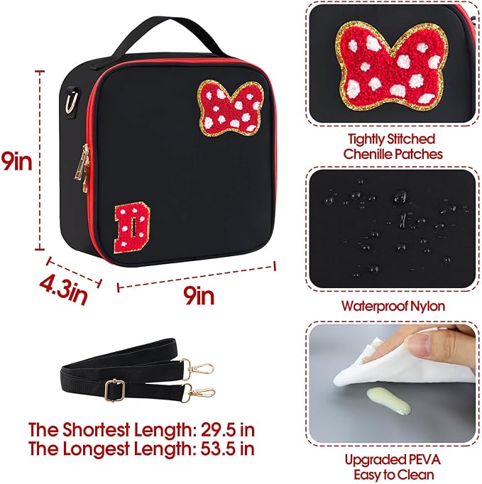 Preppy Initial Bow Mouse Lunch Bag, Kids Insulated Lunch Box Gifts for Teen Girls Daughter, Reusable Soft Lunch Containers Crossbody Cooler Bag Must Haves for Park Travel School Work Picnic Black D