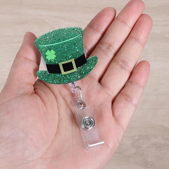 St. Patrick's Day Funny Badge Reel | Cute Retractable ID Card Green Top Hat Badge Holder | Name Tag Work Badge Clip for RN LPN CNA MA ER Night Shift Nurse Nursing Student Doctor Teacher | Acrylic