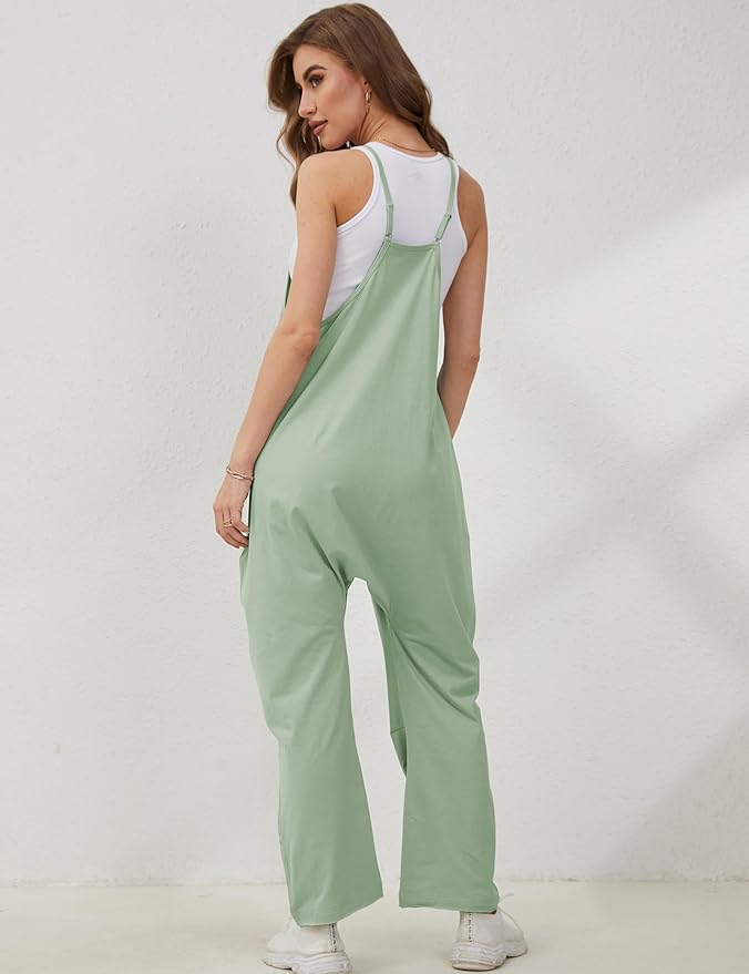 Lentta Women's Causal Jumpsuits V Neck Sleeveless Harem Overalls Stretchy Adjustable Strap Romper with Pockets