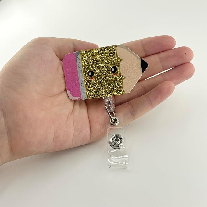 Funny Teacher Badge Reel, Cute Pencil Retractable ID Card Badge Holder, Name Tag Work Badge Clip for Teacher Gifts, Interchangeable Student Badge Buddy, Student Nurse Badge Accessories
