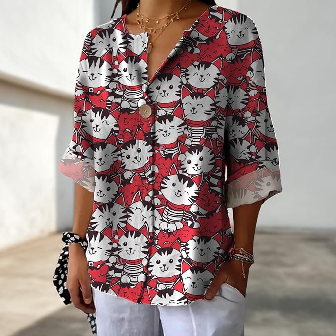 Long Sleeve Shirts for Women V Neck Button Boho Graphic Blouses Casual Collared Fashion Summer Flowing Tops