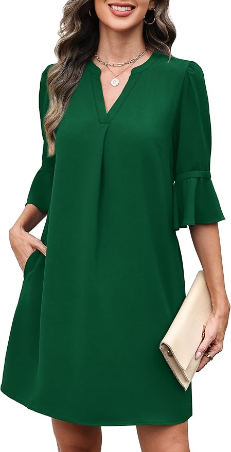 RUMIA Shift Dress for Women V Neck Ruffle Short Sleeve Loose Casual Summer Dress